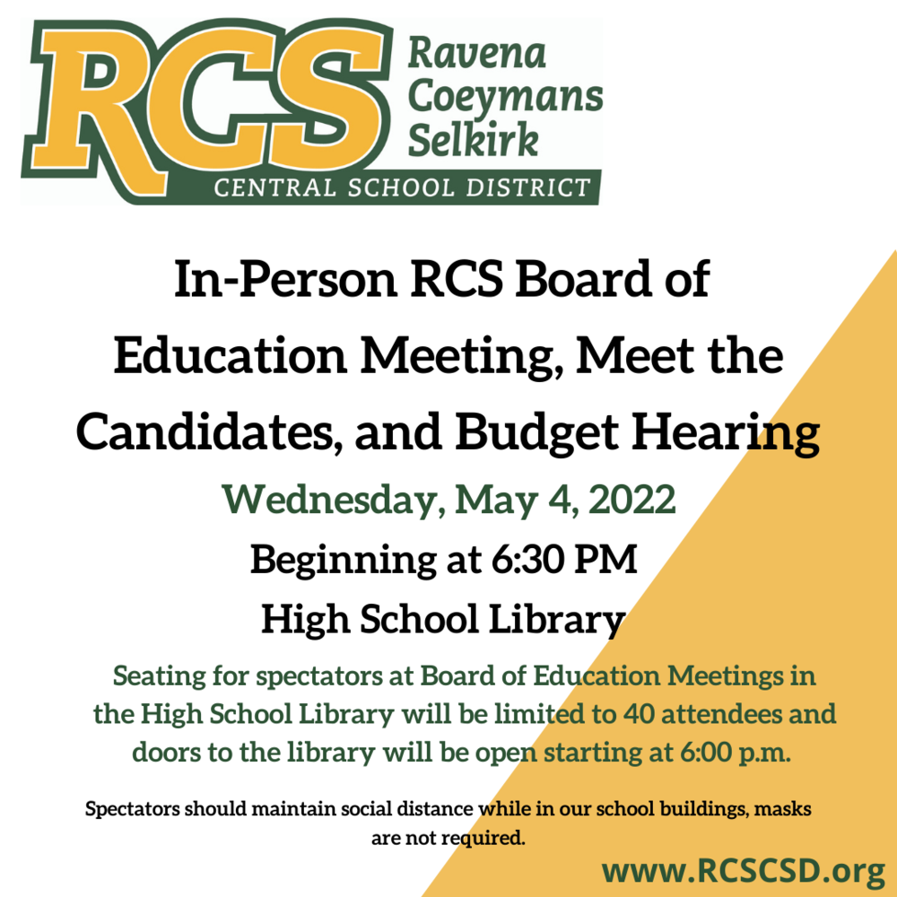 RCS Board of Education Meeting, Meet the Candidates, and Budget Hearing set for Wednesday, May 4, 2022 Graphic